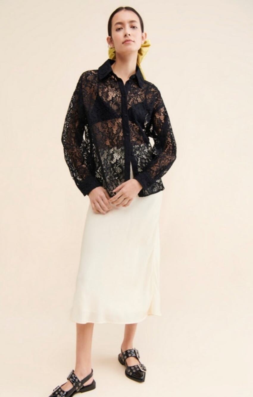 Cras Gina Lace Shirt Black Sheer Floral Lace Button Front Blouse EU 36